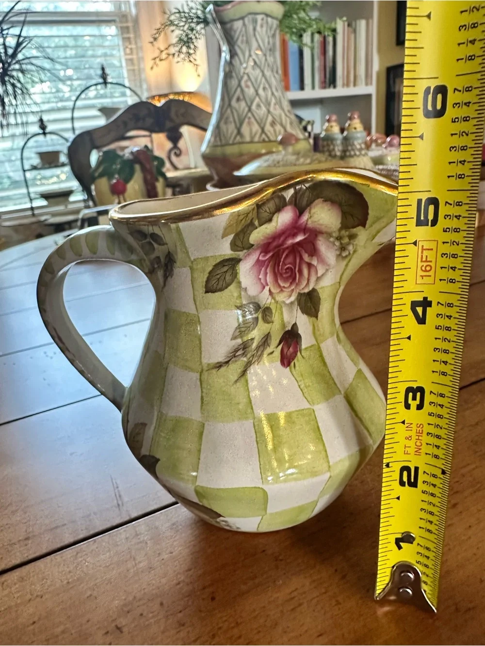 Mackenzie Childs Sweet Pea honeymoon green Ceramic Pitcher 5” retired Excellent